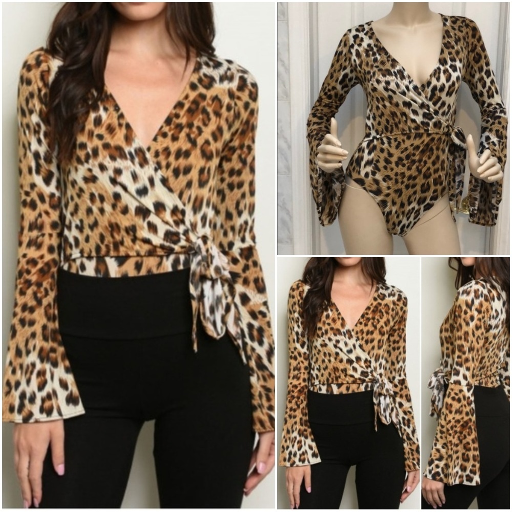 LEOPARD WRAP BODY SUIT WITH BELL SLEEVES